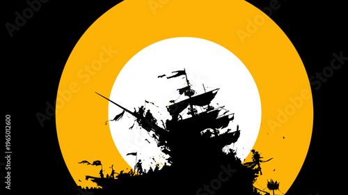 Silhouetted ship and figures set against an orange and white circular backdrop on a black background