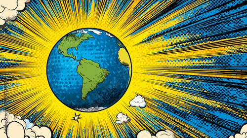 A comic-style depiction of Earth with a yellow sunburst effect, clouds, and a star