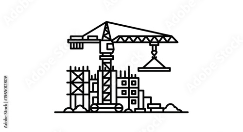 Construction site with crane building a new structure, industrial concept.