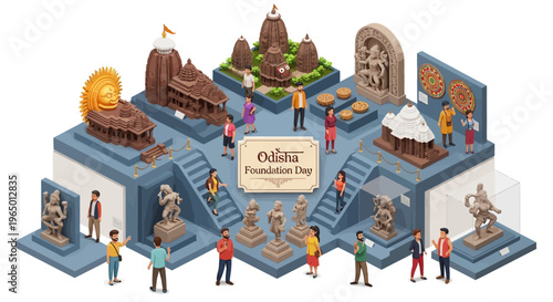 Isometric illustration of people celebrating Odisha Foundation Day with cultural and historical monuments and structures on display