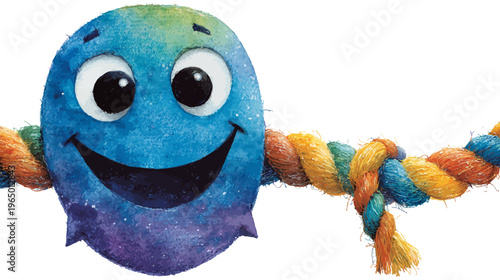 A whimsical, colorful creature with big eyes and a smile is connected to a rope