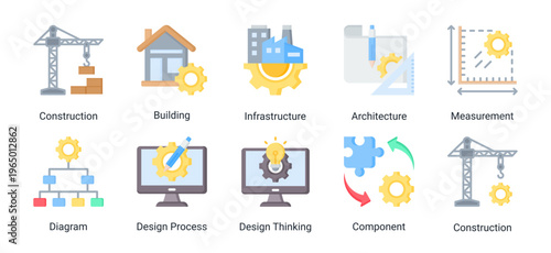 Construction and engineering icon set featuring building,infrastructure,architecture,and design process.Ideal for engineering and development projects.