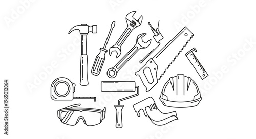 Collection of various construction tools arranged in a circular composition for repair and building.