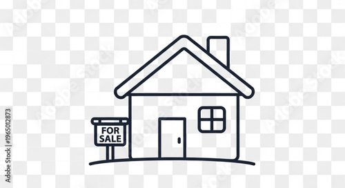 Simple line drawing of a house with a for sale sign, representing real estate.