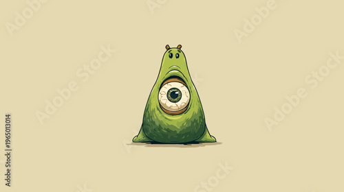 A cartoonish green creature with a large eye where its mouth should be. Set against a light background