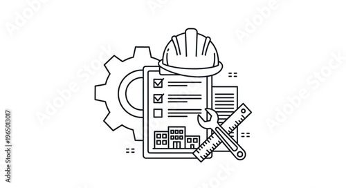 Construction and engineering concept with gear, helmet, checklist, and tools.