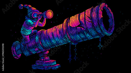 A fantastical creature with a telescope under a starry night. Rendered in a spectrum of vibrant colors