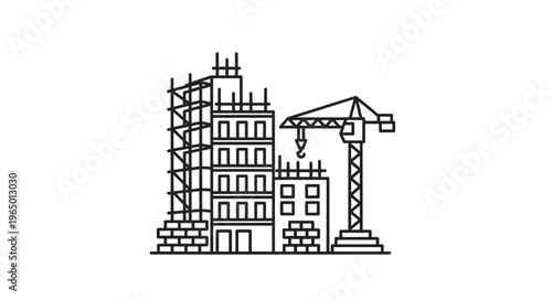 Construction site with buildings, crane, and scaffolding, under development, urban landscape.