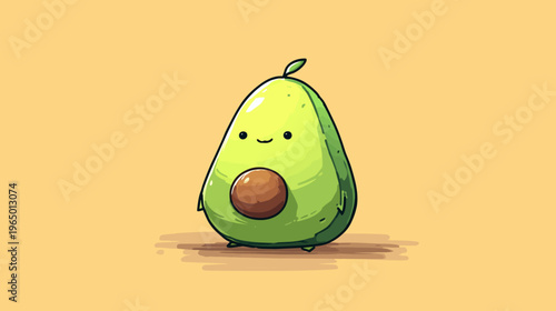 Adorable cartoon avocado character with a cheerful expression, set on a yellow-tan background