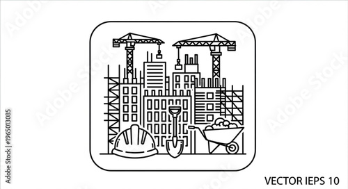 Construction site with cranes, buildings, and construction equipment in progress.