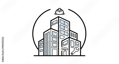 Construction and building maintenance concept with tools and hard hat illustration.