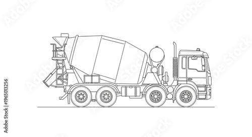 Detailed illustration of a concrete mixer truck, showcasing its design and functionality.