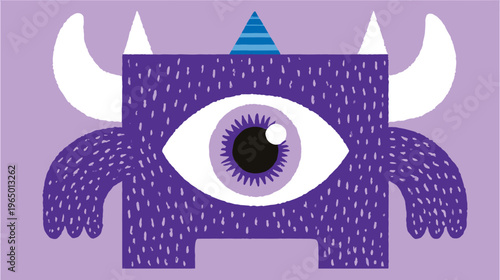 A purple, whimsical creature with one eye, horns, and a conical hat. Simple, cartoonish design