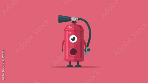 Animated cartoon of a red fire extinguisher with one eye and simplistic arms and legs