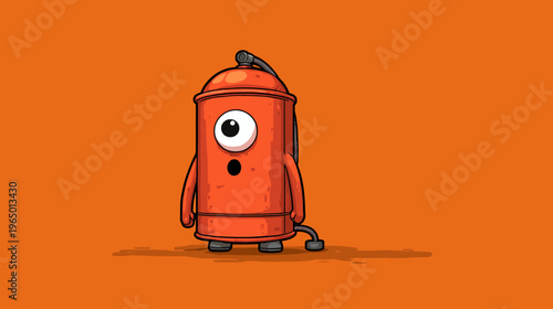 A cartoon character with a single eye, shaped like a fire extinguisher on an orange background