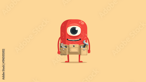 A red, cyclopean cartoon character with a tool belt, smiling, set against a light-tan background