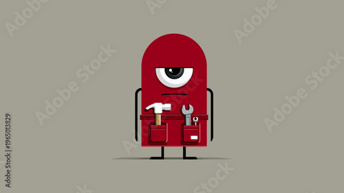 A red toolbox character with a single eye, arms, legs, and tools in pockets on a grey background