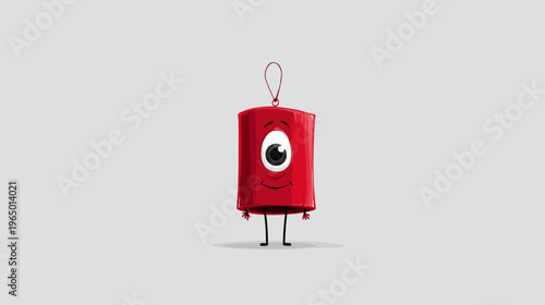 A red cylindrical character with one eye, smiling, loop on top, and tiny limbs on a gray backdrop