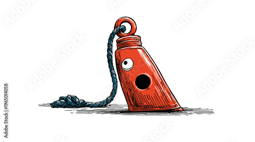 Whimsical illustration of a red, cylindrical object with an eye, rope, and a mysterious opening