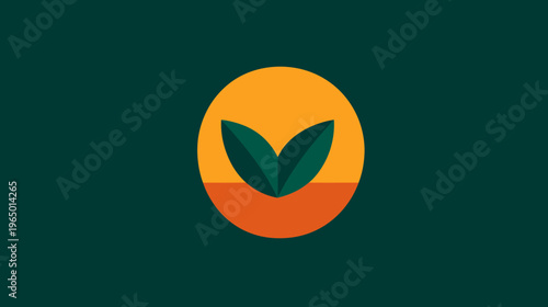 Minimalist design features an orange circle bisected by an orange stripe with two green leaves inside