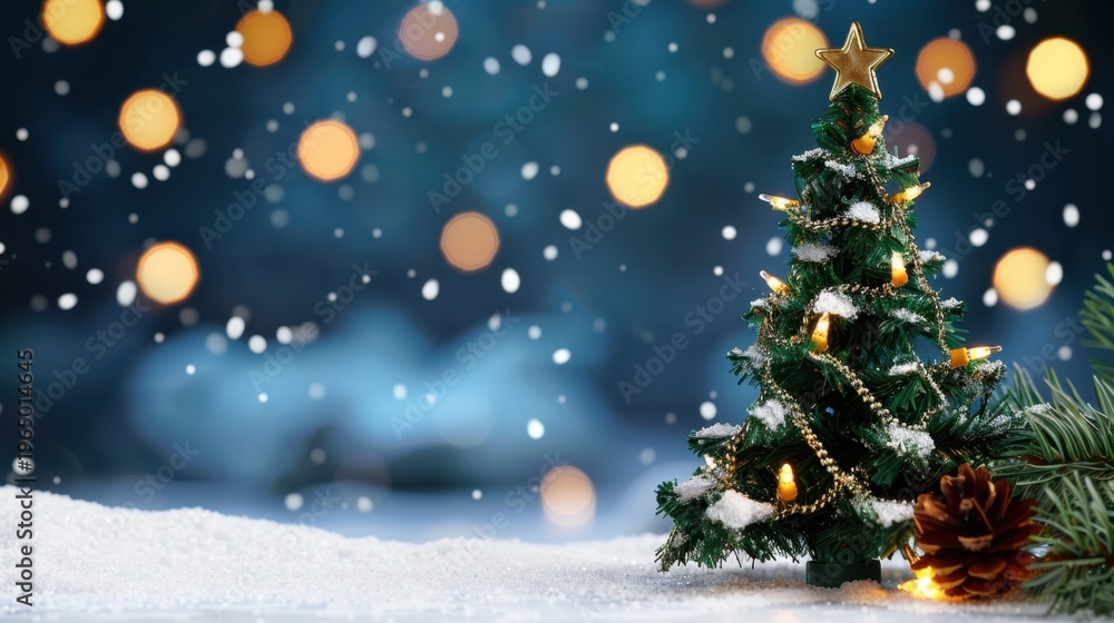 Obraz premium Charming Miniature Christmas Tree with Snow, Ornaments, and Decorative Lights in a Sparkling Winter Setting