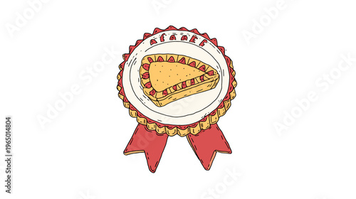 A cartoon illustration of a pie slice on a plate within a ribbon and rosette design