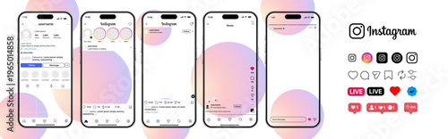 Complete set of Instagram mobile mockups, including home feed, profile page, search screen, direct message interface, and Reels player.
