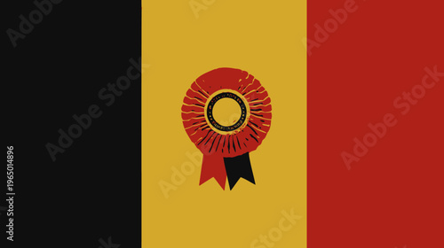 A stylized flag-like image featuring a central rosette, ribbon, and a tricolor background