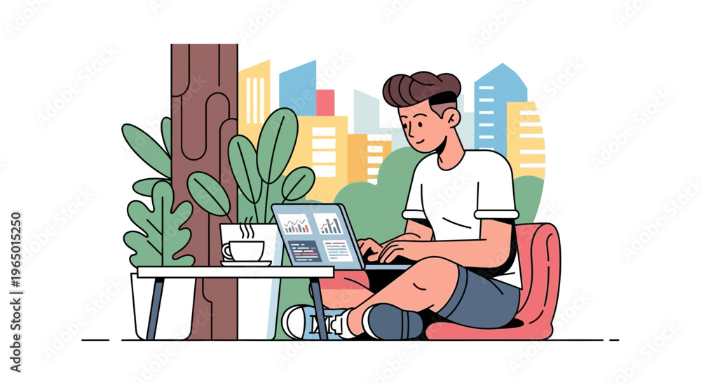 Fototapeta premium Freelancer Remote Work Flat Vector Illustration, Work From Home Lifestyle, Digital Nomad, Online Working, Laptop Workspace, Home Office, Productivity Concept for UI UX Design