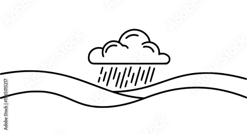 A cloud is raining on a landscape with rolling hills in black and white outline style, symbolizing weather changes and precipitation