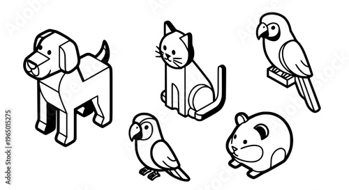 Collection of Isometric Line Art Vector Icons Featuring Popular Domestic Pets such as Dog, Cat, Parrots, and a Hamster for Graphic Design Projects