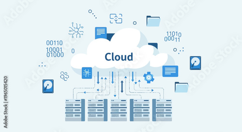 Cloud Computing Data Storage Flat Vector Illustration, Digital Infrastructure, Server Network, Database Management, Technology System, Cloud Service Concept for UI UX Design