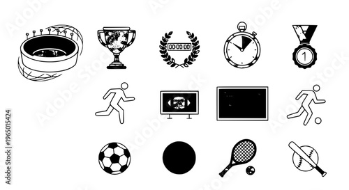 Collection of sports icons, including a stadium, trophy, stopwatch, medal, runner, soccer ball, tennis ball, and baseball equipment