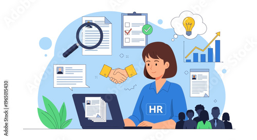 Human Resources Management Flat Vector Illustration, HR Recruitment, Employee Hiring, Team Management, Business Analytics, Workplace Strategy, Corporate HR Concept for UI UX Design