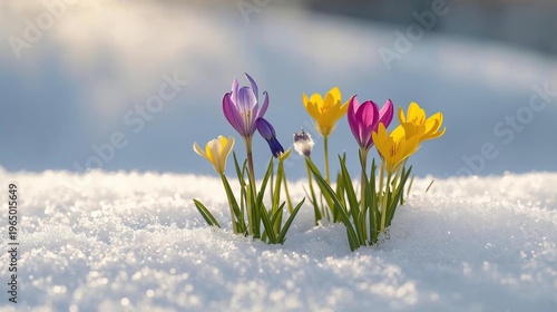 Close-up realistic photo of wildflowers in snow near a natural path, slight footprints or disturbance in snow, authentic outdoor feel, flowers placed off-center, clean blurred background for copy spac