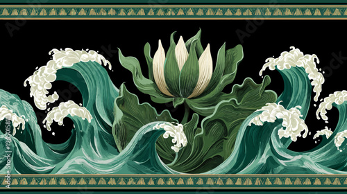 Digital illustration of stylized ocean waves with crashing white foam and a central lotus flower