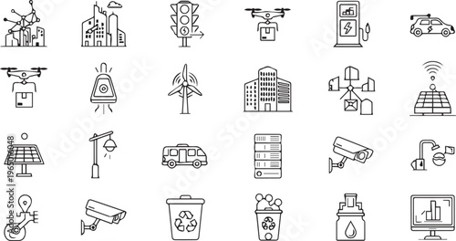 Smart City and IoT Technology Line Icons Set: Urban Infrastructure Green Energy, Autonomous Vehicles and Digital Governance Concept
