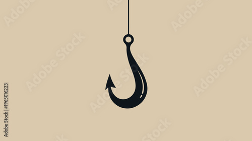 Minimalist graphic of a black fishing hook on a beige background, with a clean and simple design