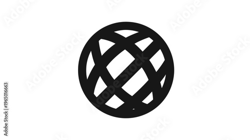 A geometric abstract illustration of a dark, interlocked, patterned orb against a white background