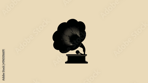A vintage, black gramophone silhouette with a horn on a beige background