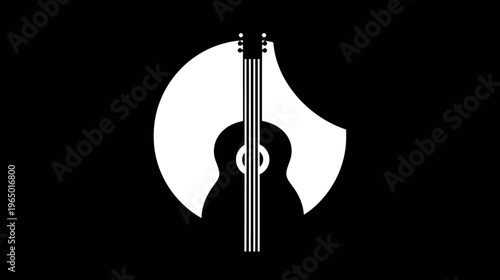 A monochrome image showcases an acoustic guitar at the center, surrounded by a swirling, white shape