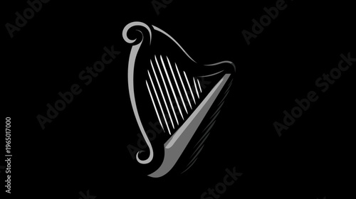 A grayscale illustration of a harp, with curved lines and a black background
