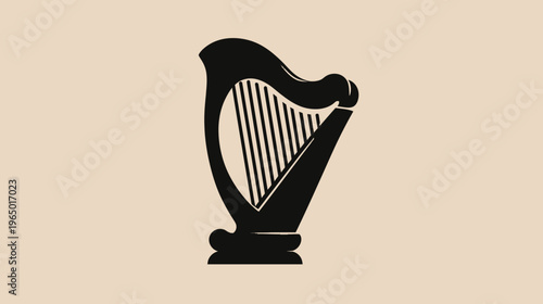 Stylized silhouette of a musical instrument, a stringed harp, in solid black on a beige backdrop