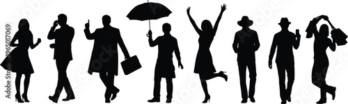 Black silhouettes set of diverse children and teenagers standing, walking, and playing in various active poses isolated on white background