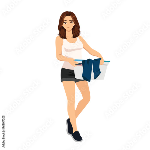 Young Woman Doing Laundry with Clothes Basket at Home. Flat Vector Character