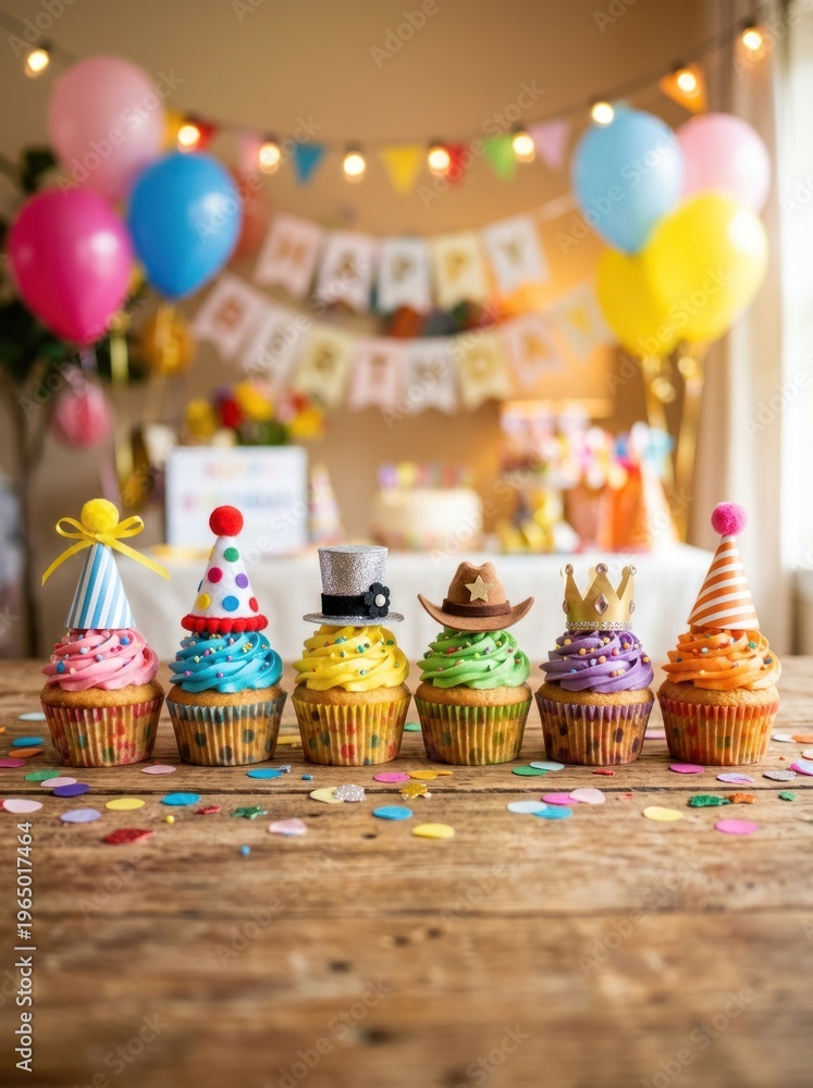 Fototapeta premium A festive birthday party scene features a table laden with colorful cupcakes adorned with hats and sprinkles.