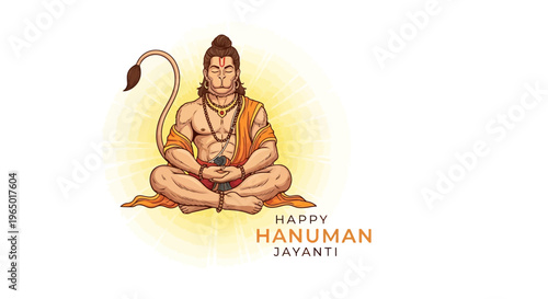 Illustration of Lord Hanuman sitting in a meditative pose with a yellow aura, celebrating Hanuman Jayanti, a Hindu festival, with a traditional Indian design and vibrant colors.