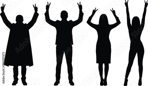 Black silhouettes set of happy people raising arms and making victory or peace sign gestures isolated on white background, success