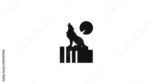 A black silhouette of a wolf howling at the moon, atop a geometric structure