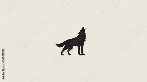 Silhouetted wolf howling upwards against a pale background. Minimalist design